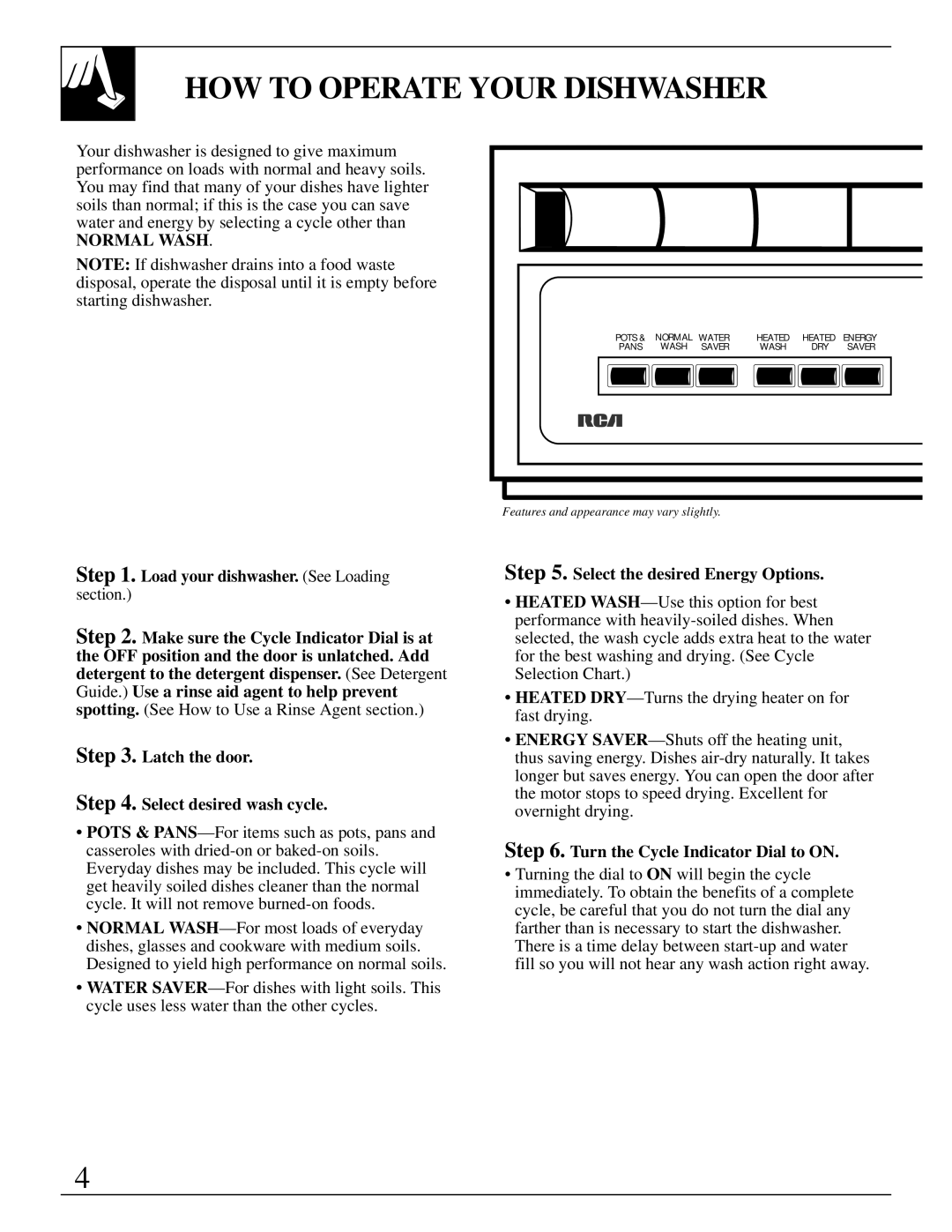 RCA PSD400, PSD430 warranty HOW to Operate Your Dishwasher, Normal Wash 