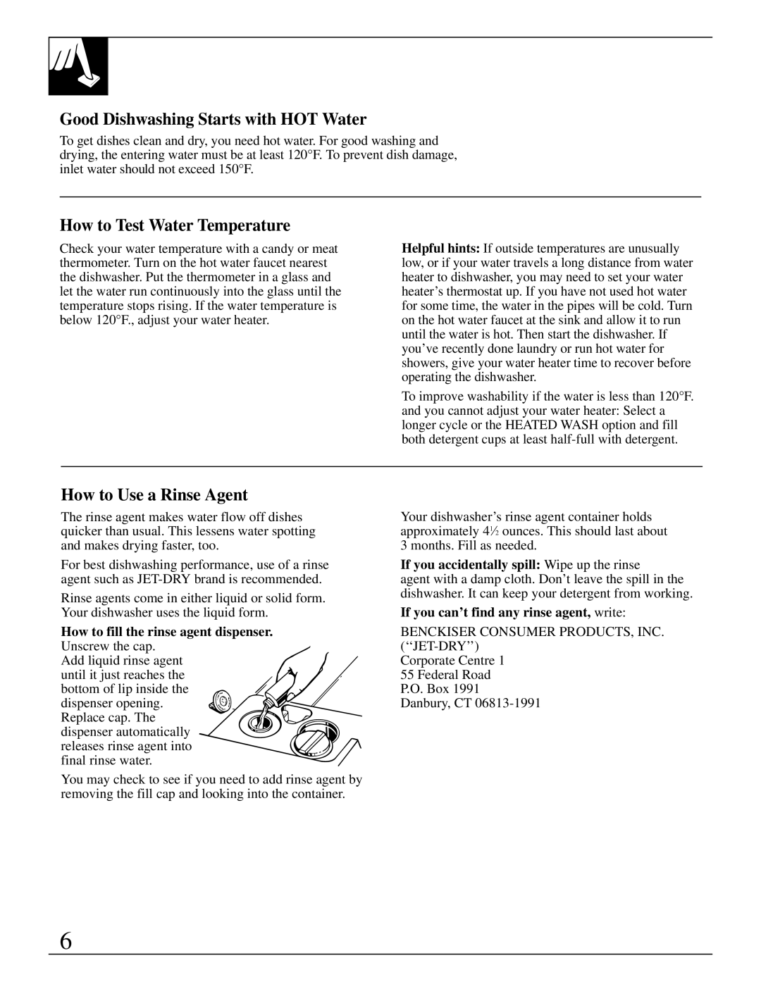 RCA PSD400, PSD430 warranty Good Dishwashing Starts with HOT Water, How to Test Water Temperature, How to Use a Rinse Agent 