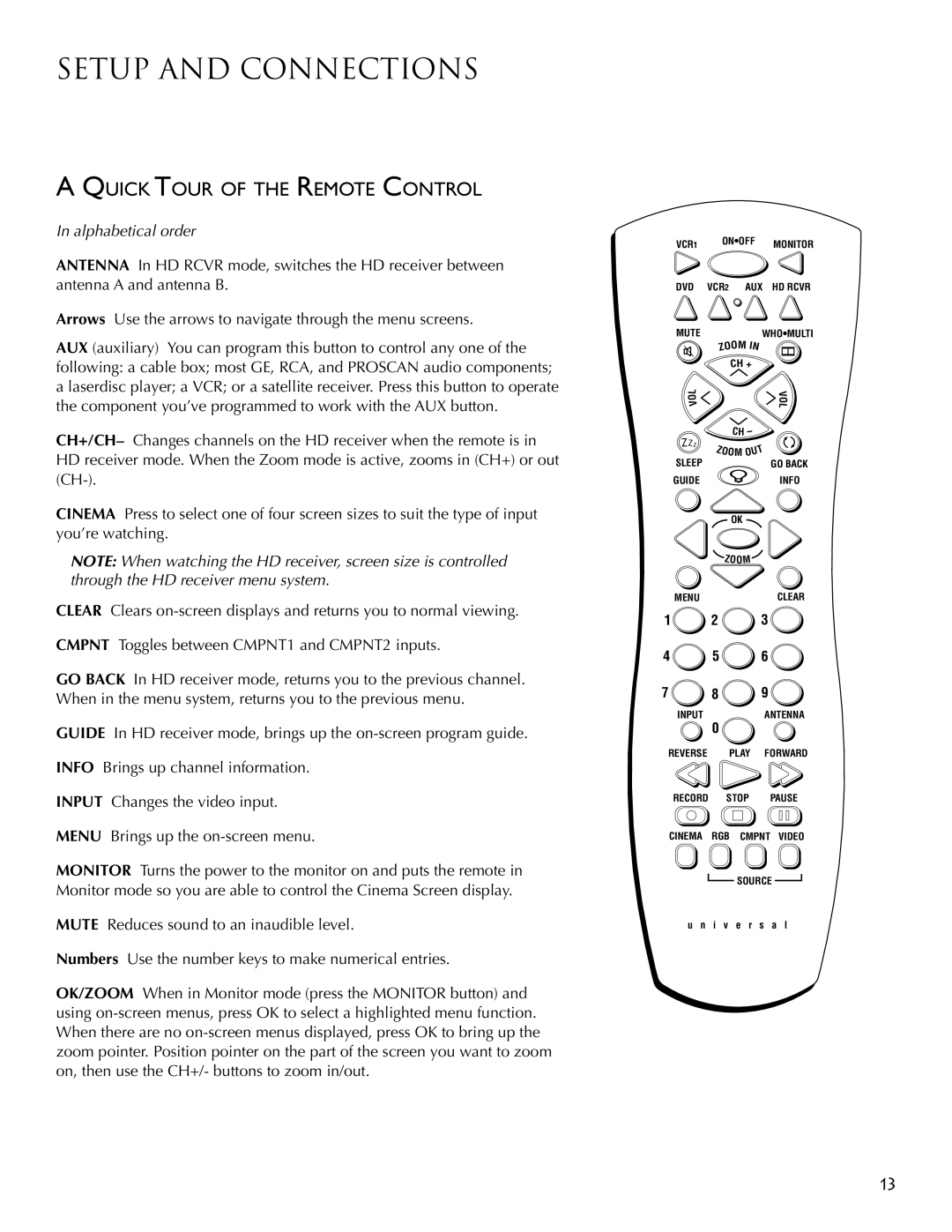 RCA PSP42300 user manual Quick Tour of the Remote Control, Alphabetical order 