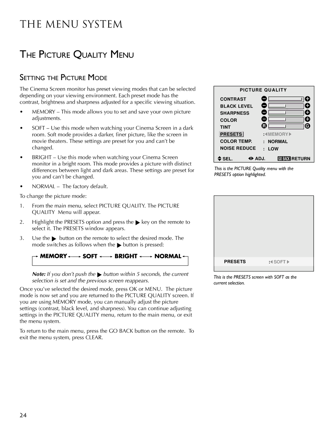 RCA PSP42300 user manual Picture Quality Menu, Setting the Picture Mode 