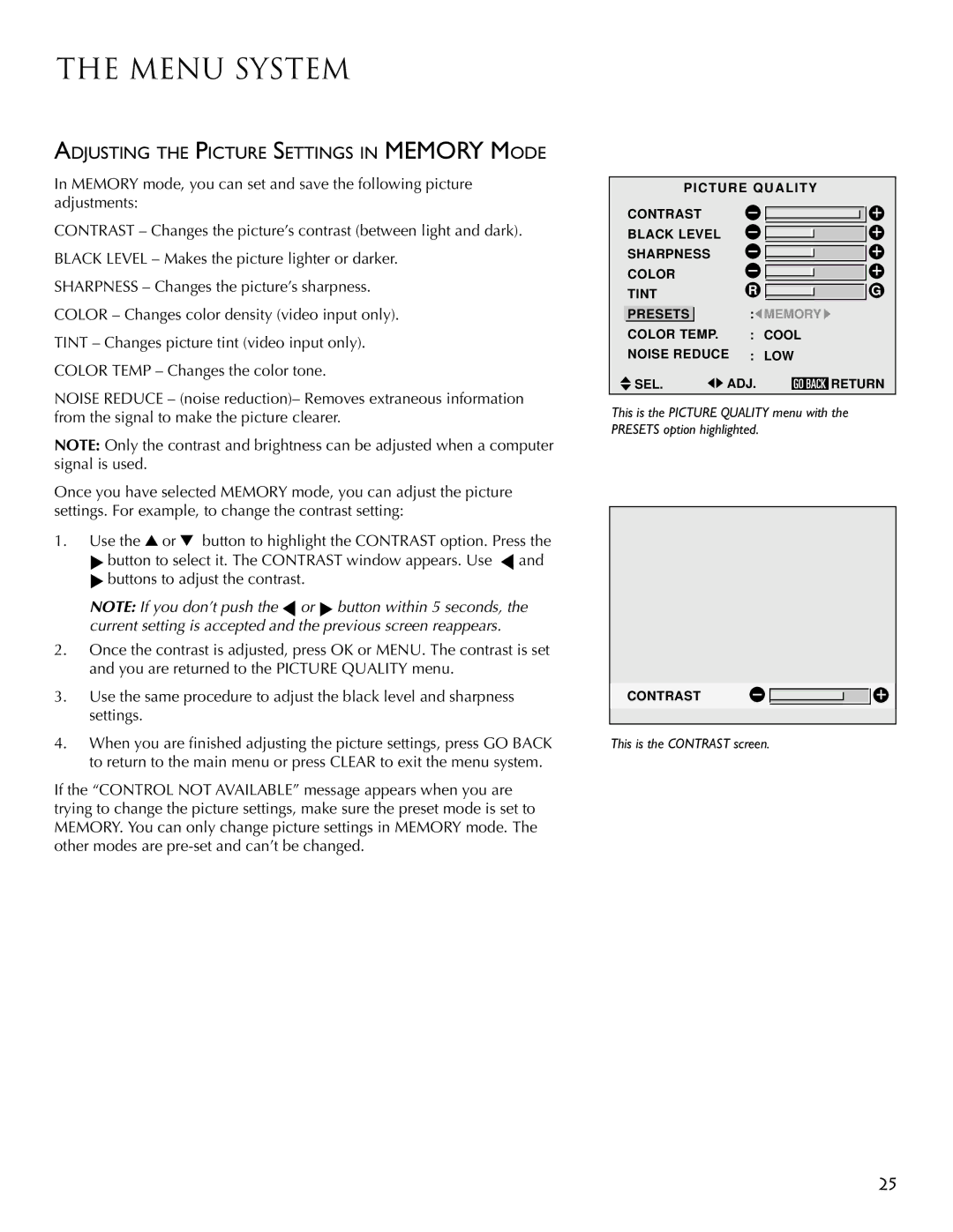 RCA PSP42300 user manual Adjusting the Picture Settings in Memory Mode 