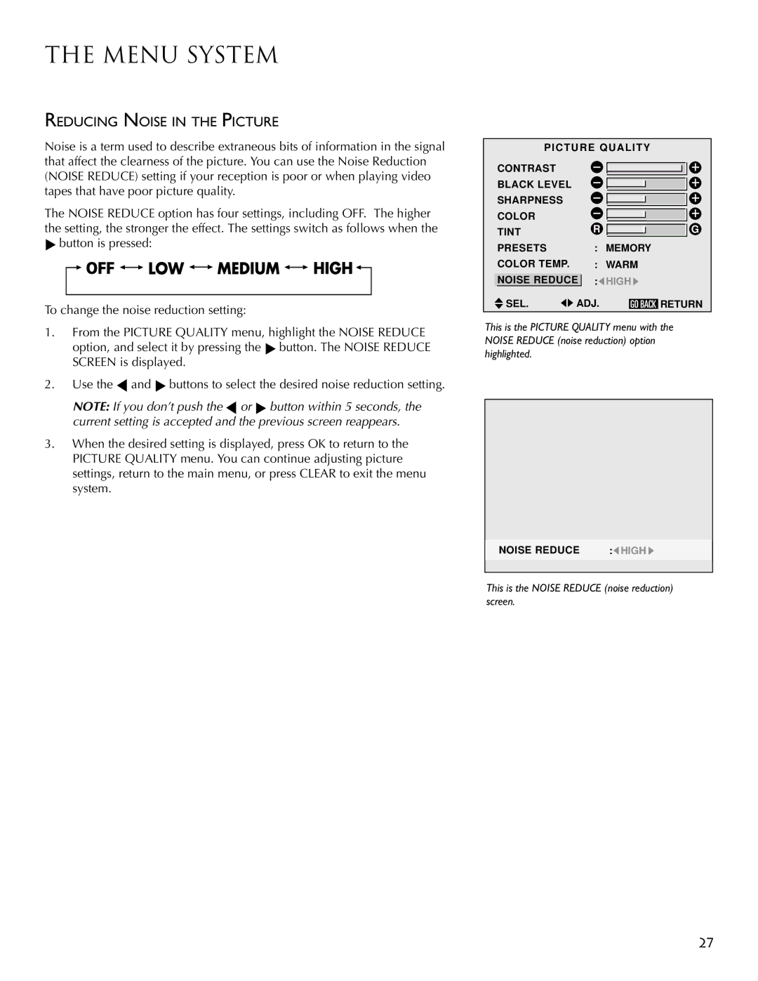 RCA PSP42300 user manual Reducing Noise in the Picture 