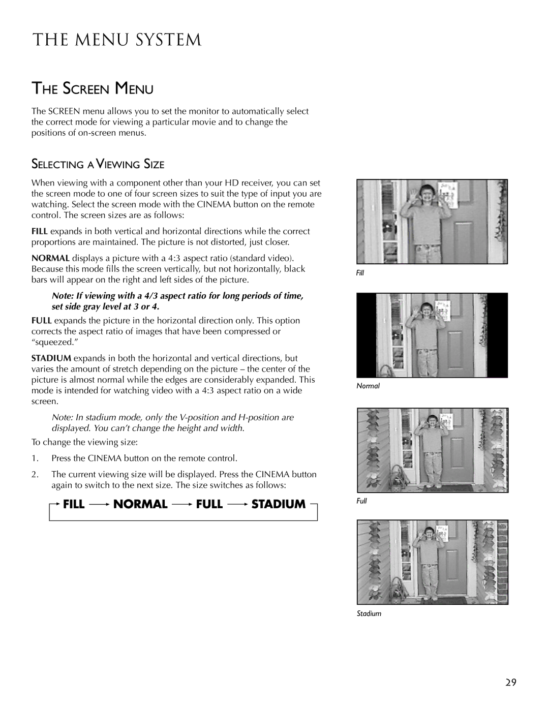 RCA PSP42300 user manual Screen Menu, Selecting a Viewing Size 