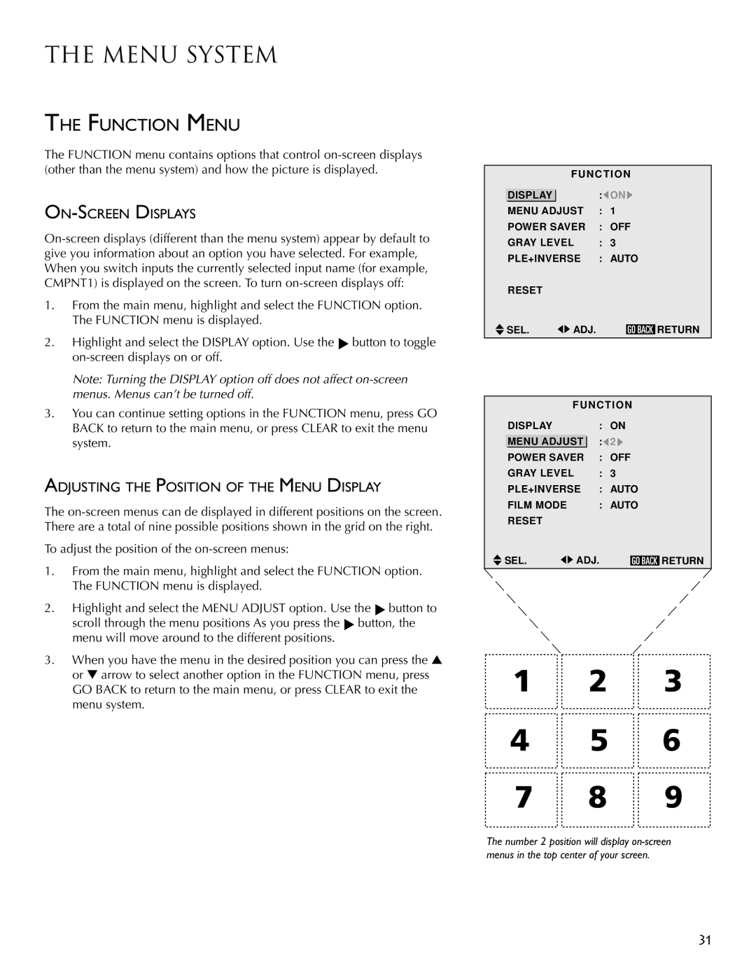 RCA PSP42300 user manual Function Menu, ON-SCREEN Displays, Adjusting the Position of the Menu Display 