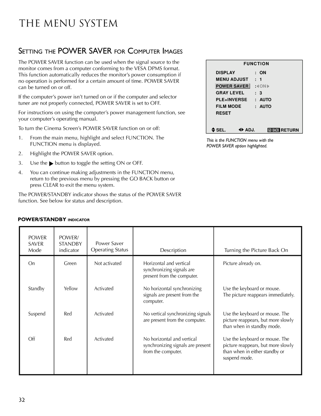 RCA PSP42300 user manual Setting the Power Saver for Computer Images, Saver Standby 