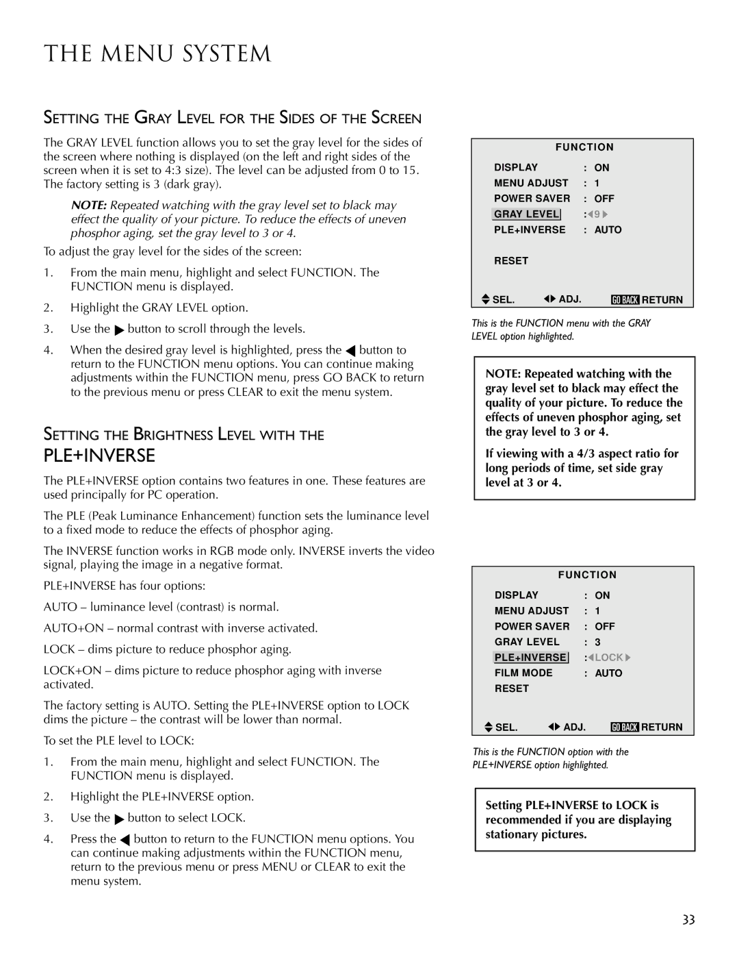 RCA PSP42300 user manual Setting the Gray Level for the Sides of the Screen, Setting the Brightness Level with 