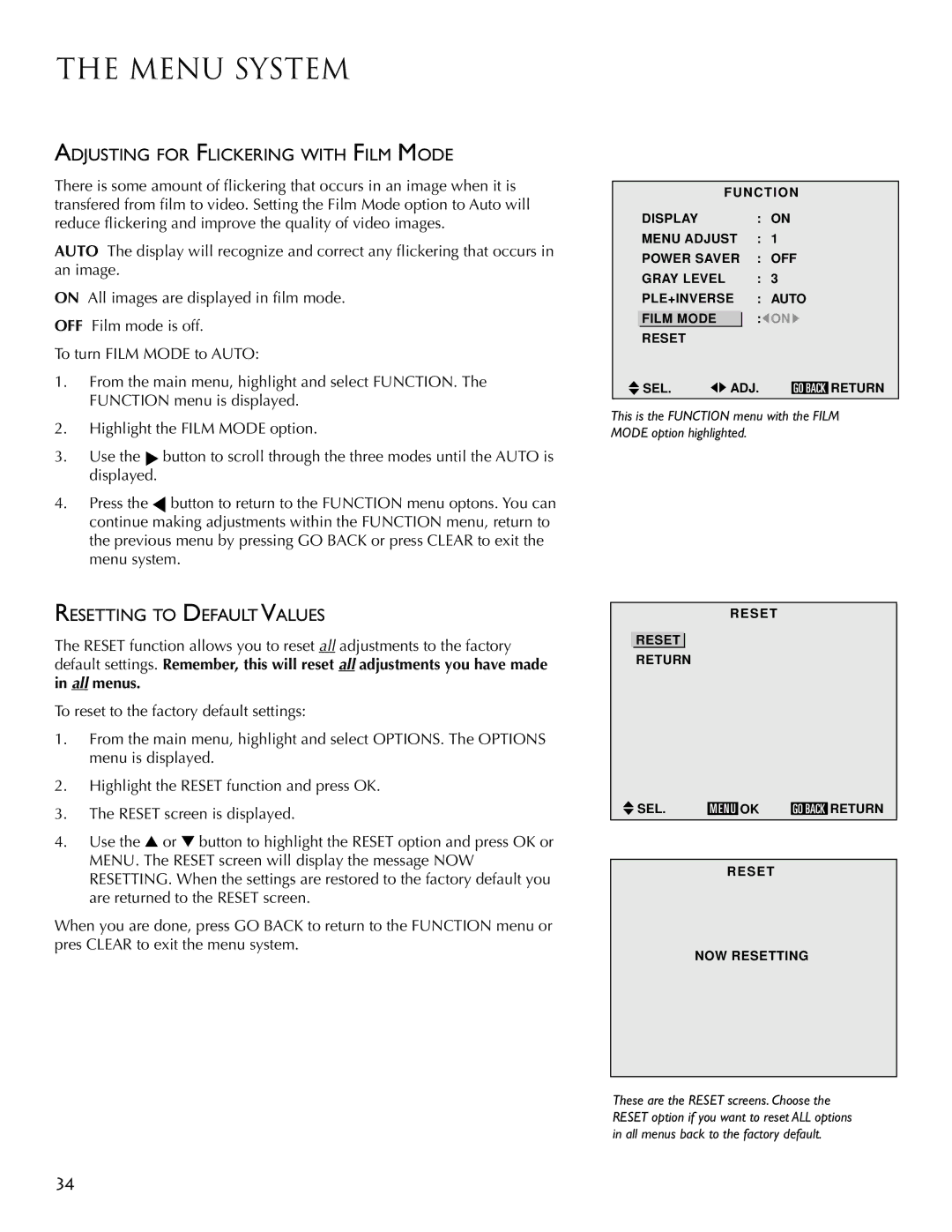 RCA PSP42300 user manual Adjusting for Flickering with Film Mode, Resetting to Default Values 