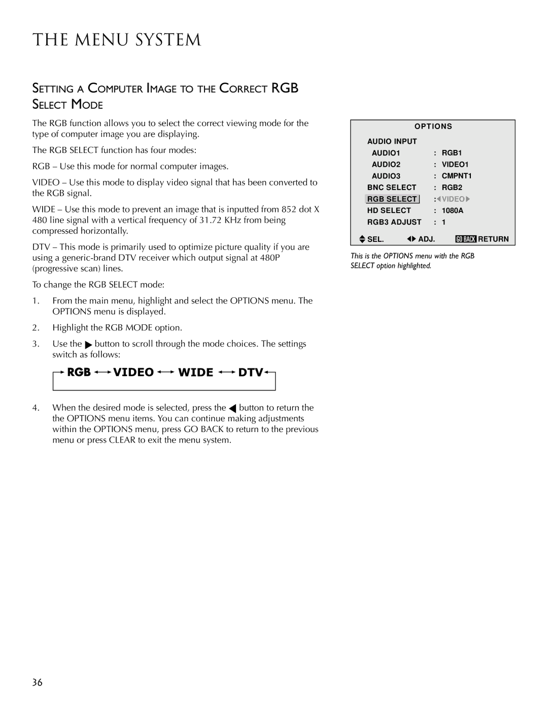 RCA PSP42300 user manual Setting a Computer Image to the Correct RGB Select Mode, Video 