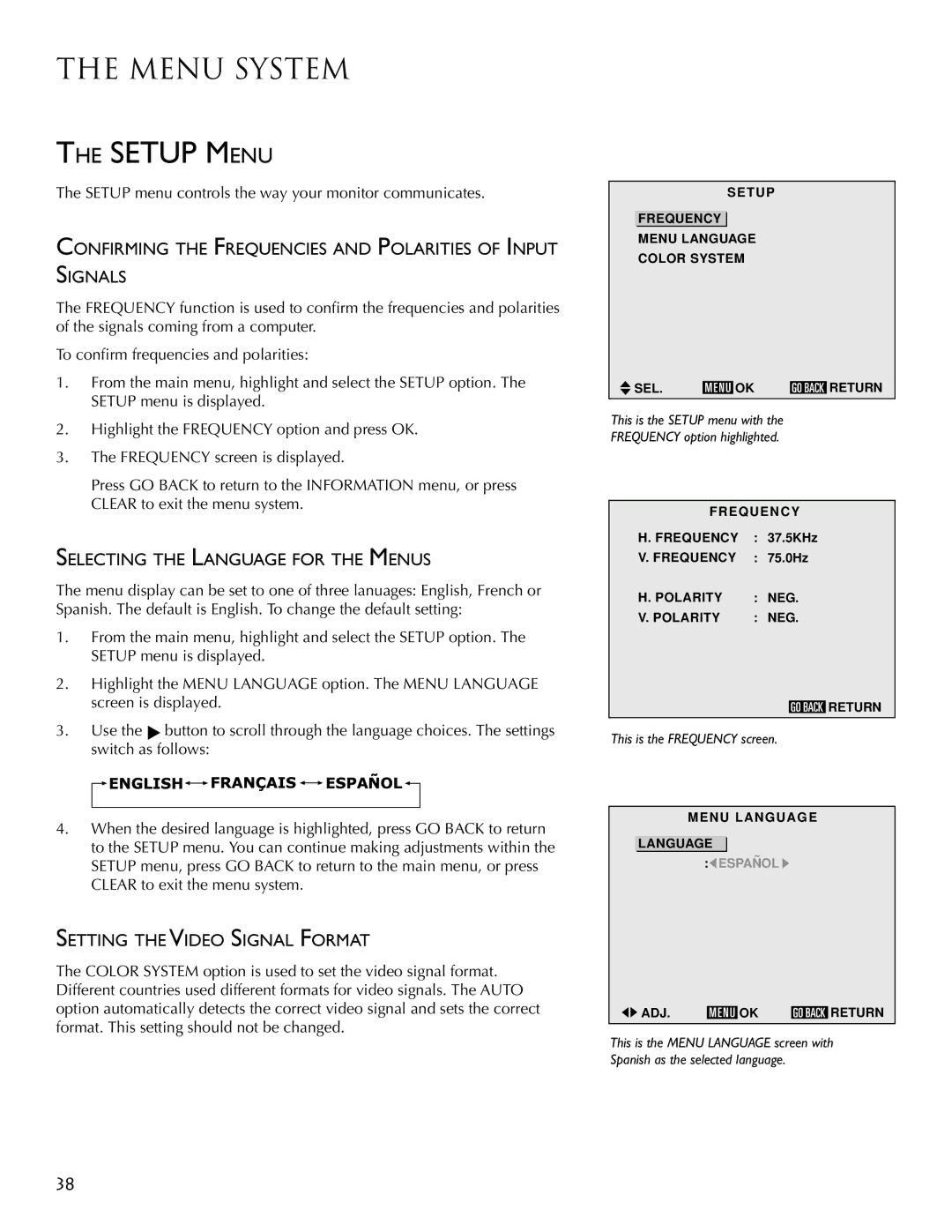 RCA PSP42300 user manual Confirming the Frequencies and Polarities of Input Signals, Selecting the Language for the Menus 