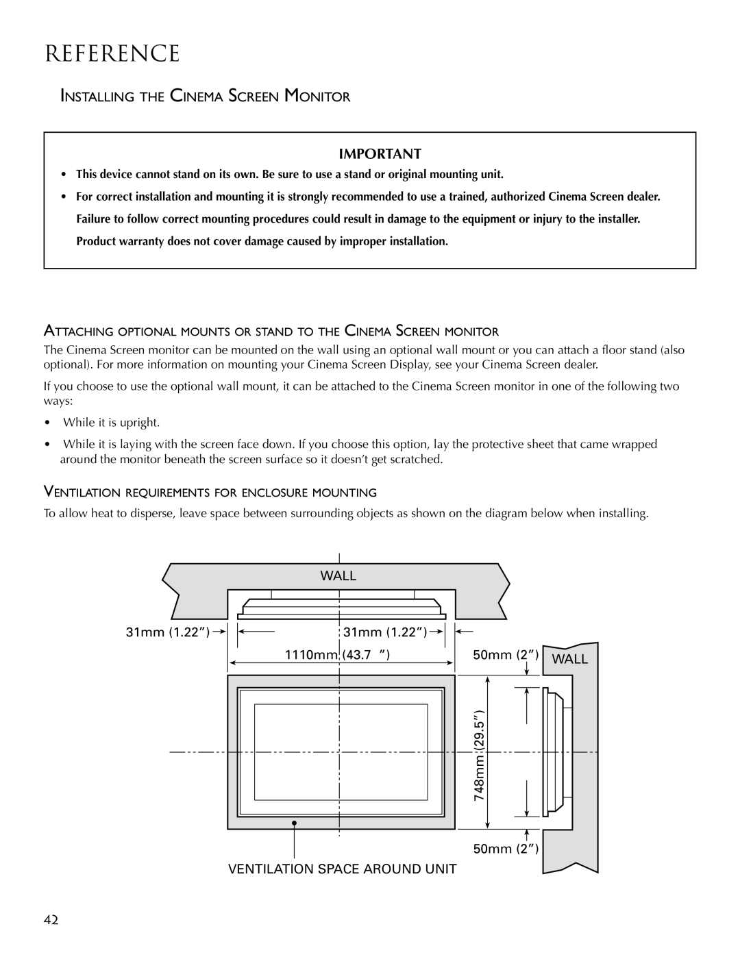 RCA PSP42300 user manual Installing the Cinema Screen Monitor, Ventilation Requirements for Enclosure Mounting 