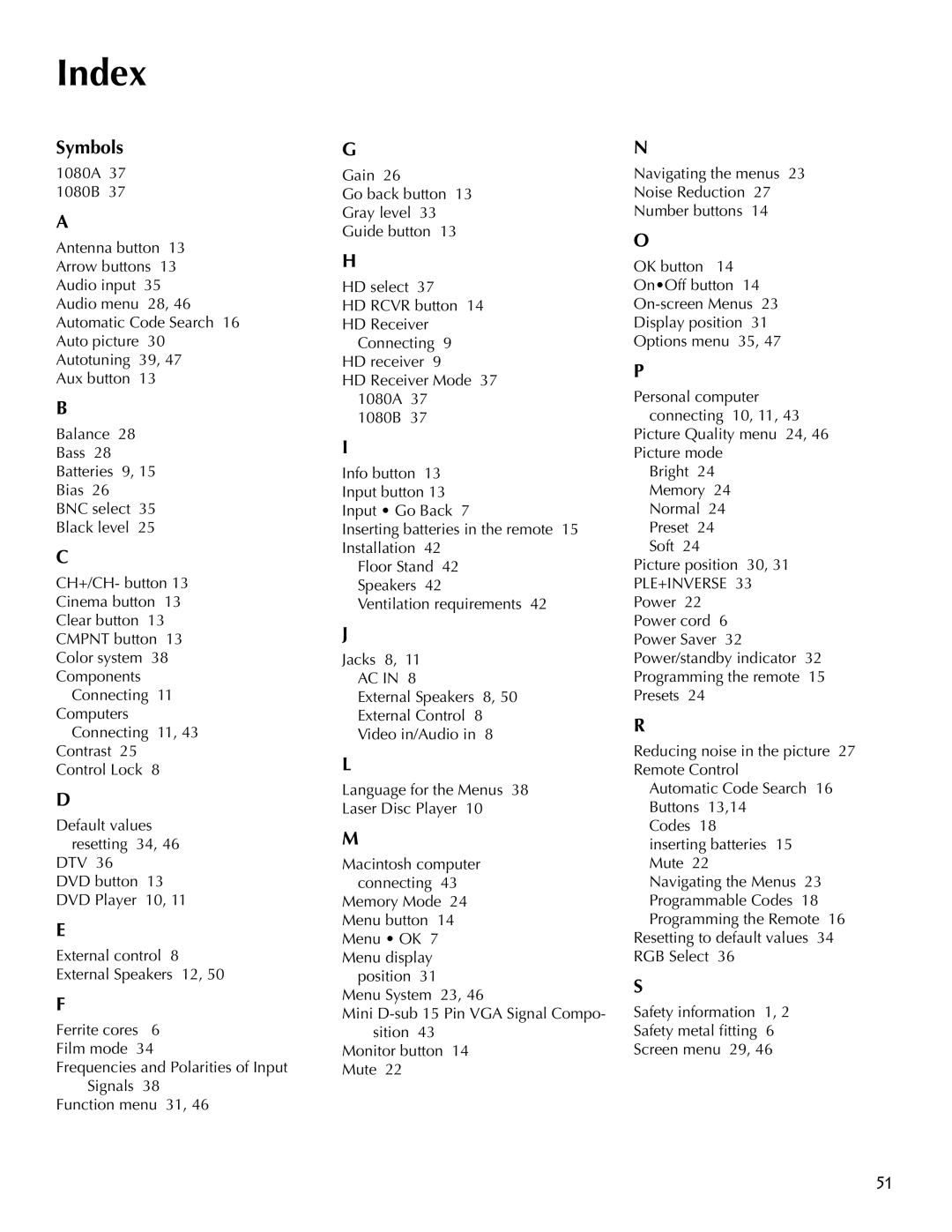 RCA PSP42300 user manual Index 