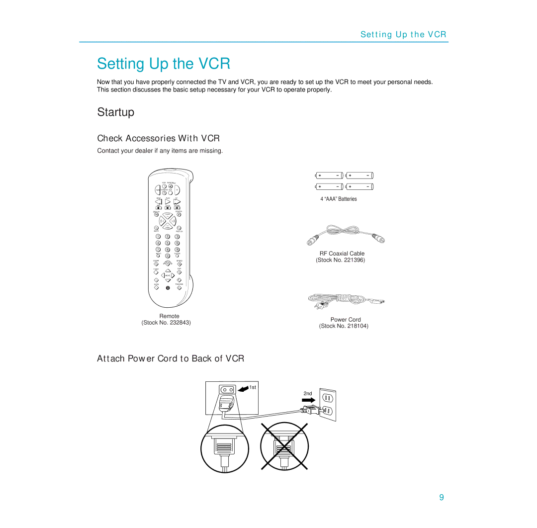 RCA PSVR65 user manual Setting Up the VCR, Startup, Check Accessories With VCR, Attach Power Cord to Back of VCR 