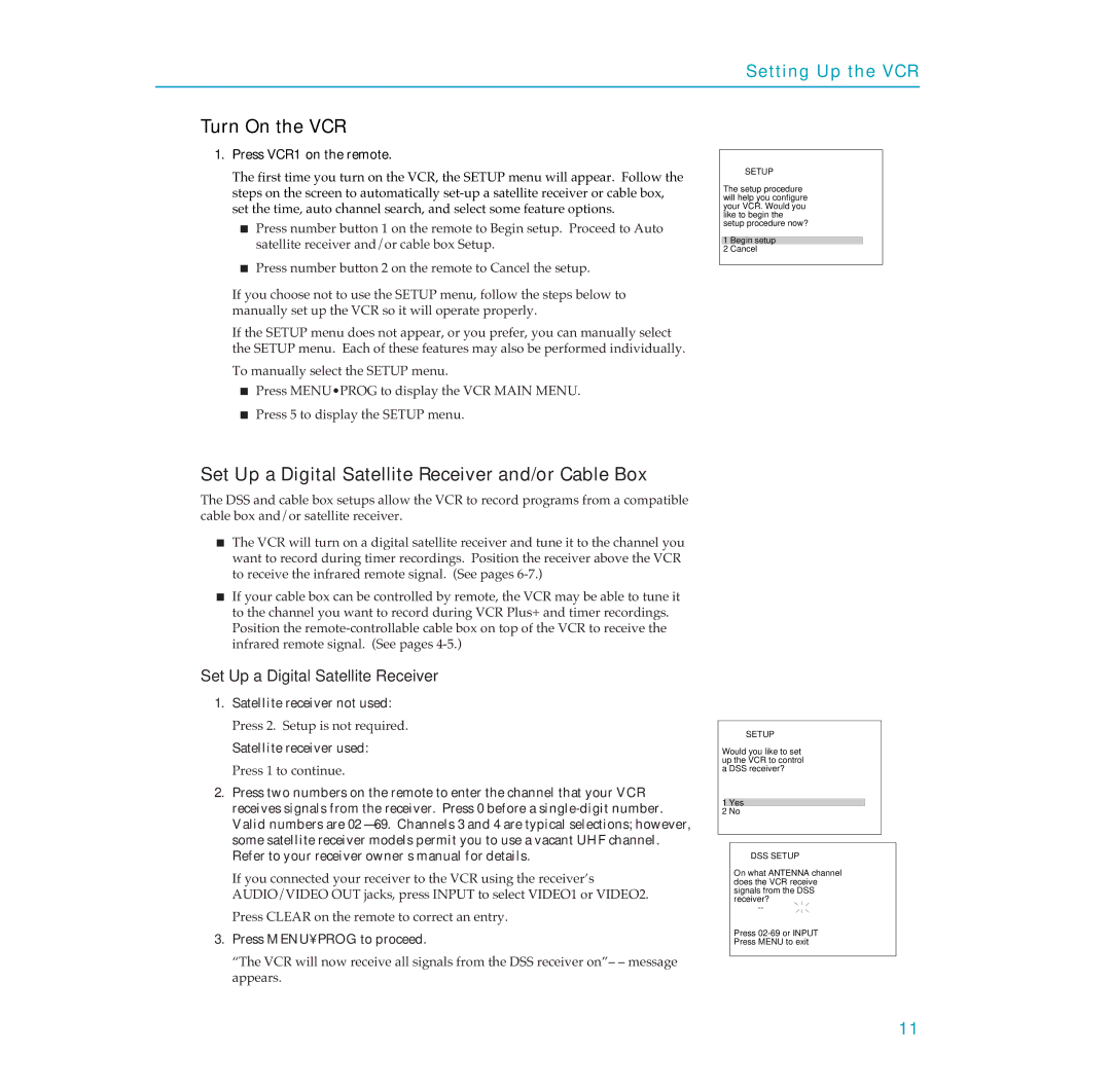 RCA PSVR65 user manual Turn On the VCR, Set Up a Digital Satellite Receiver and/or Cable Box, Press VCR1 on the remote 