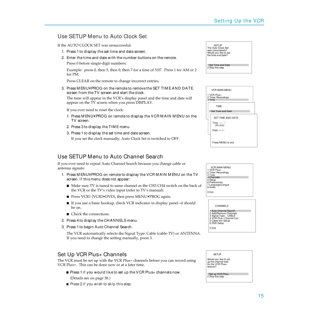 RCA PSVR65 user manual Use Setup Menu to Auto Clock Set, Use Setup Menu to Auto Channel Search, Set Up VCR Plus+ Channels 