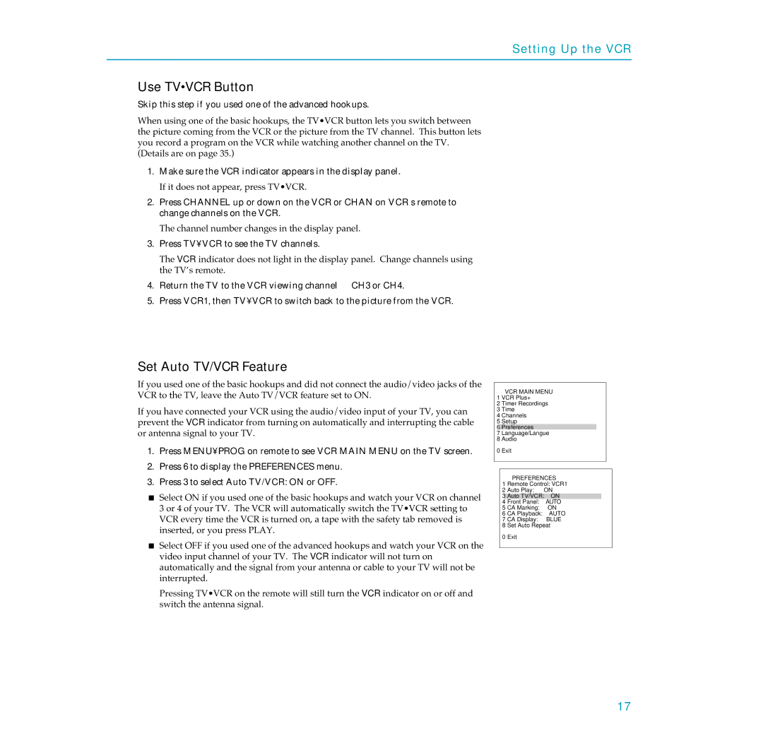 RCA PSVR65 user manual Use Tvvcr Button, Set Auto TV/VCR Feature, Skip this step if you used one of the advanced hookups 