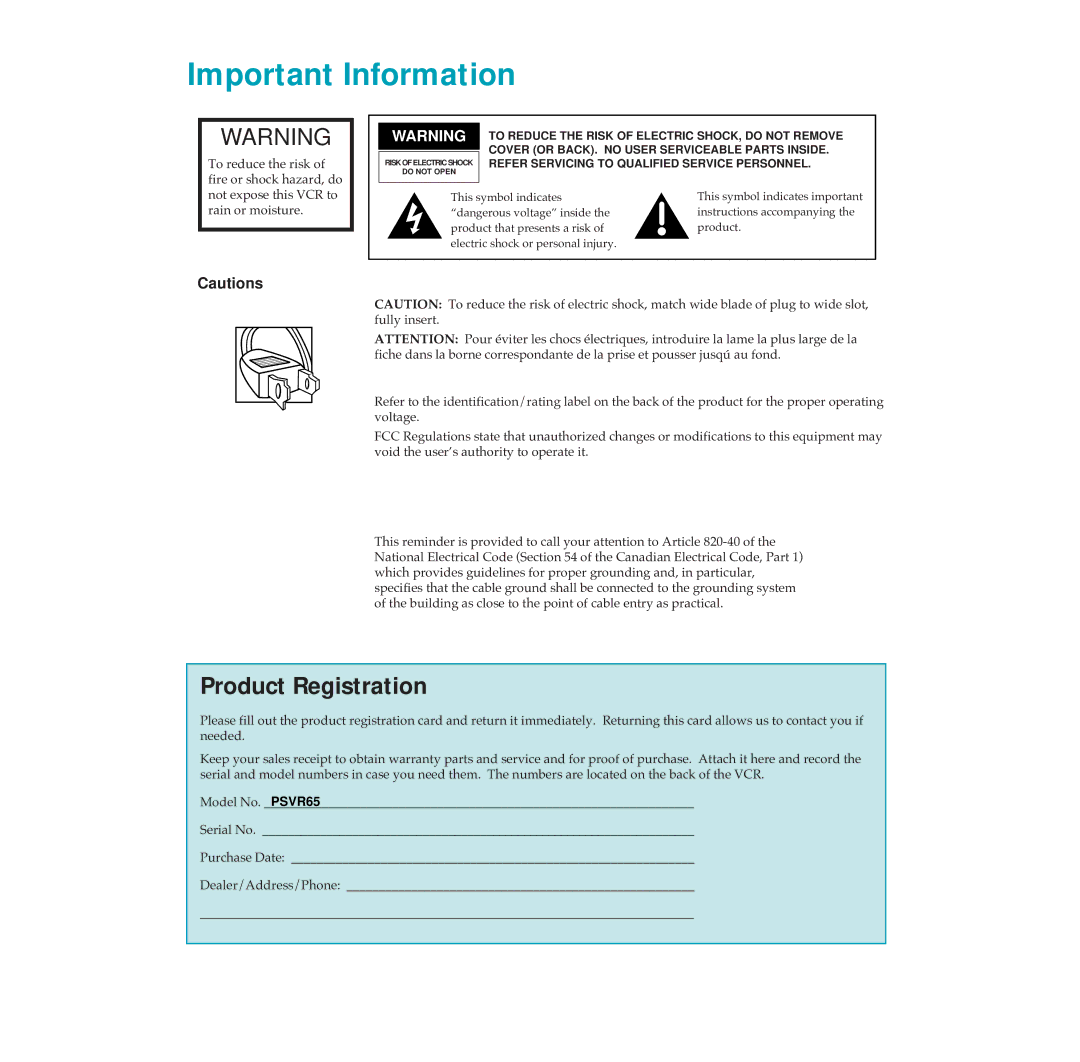 RCA PSVR65 user manual Important Information, Product Registration 