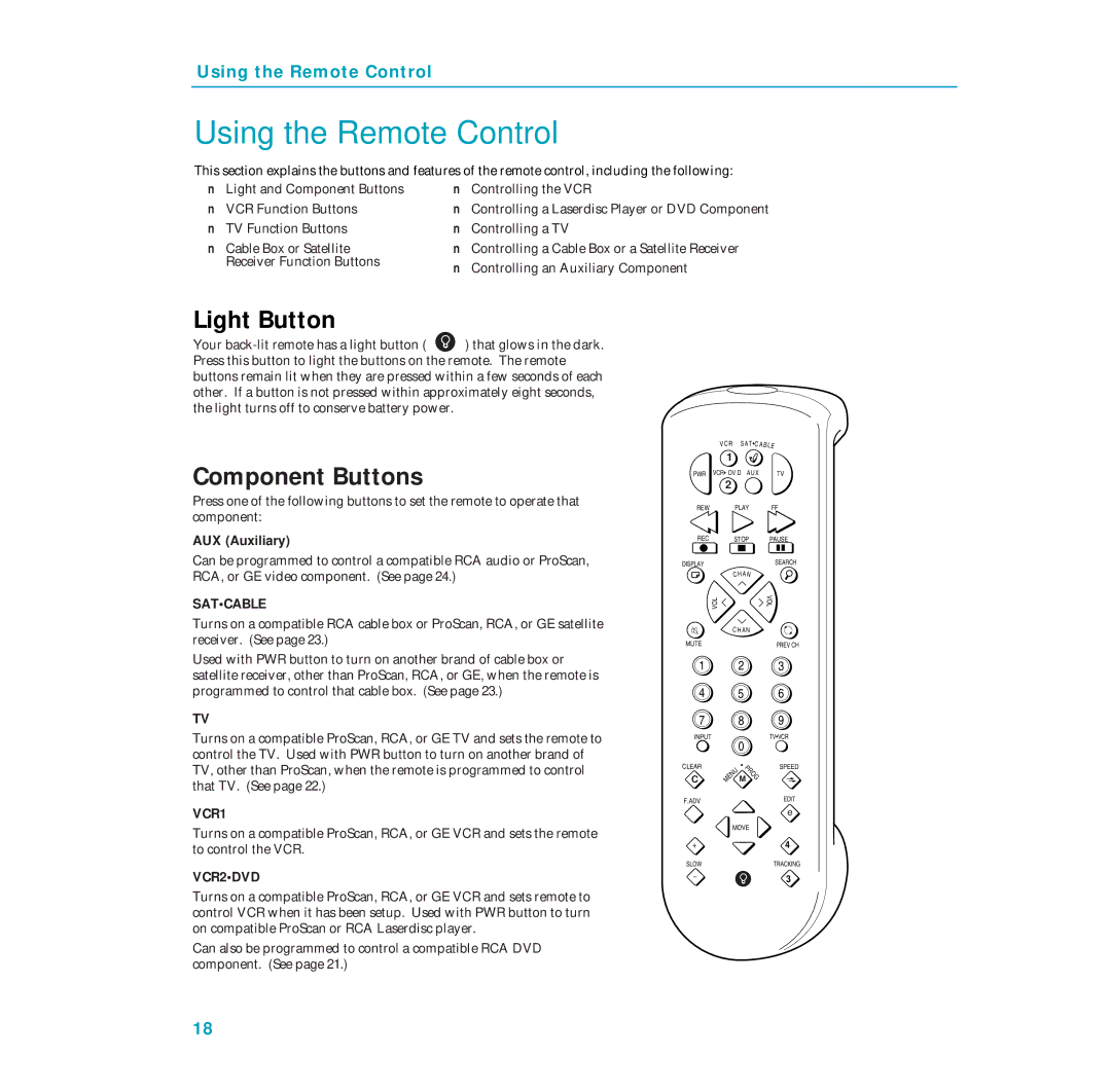 RCA PSVR65 user manual Using the Remote Control, Light Button, Component Buttons, AUX Auxiliary 