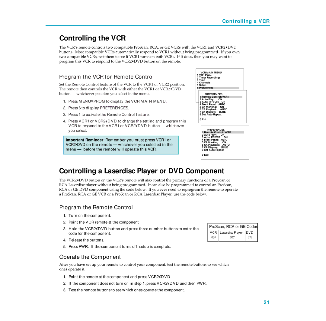 RCA PSVR65 Controlling the VCR, Controlling a Laserdisc Player or DVD Component, Program the VCR for Remote Control 