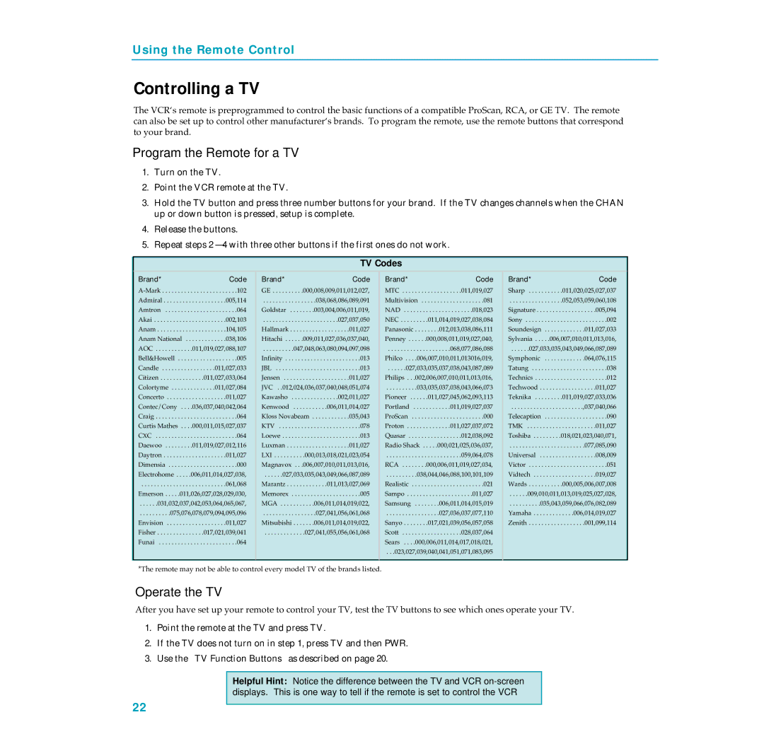 RCA PSVR65 user manual Controlling a TV, Program the Remote for a TV, Operate the TV 