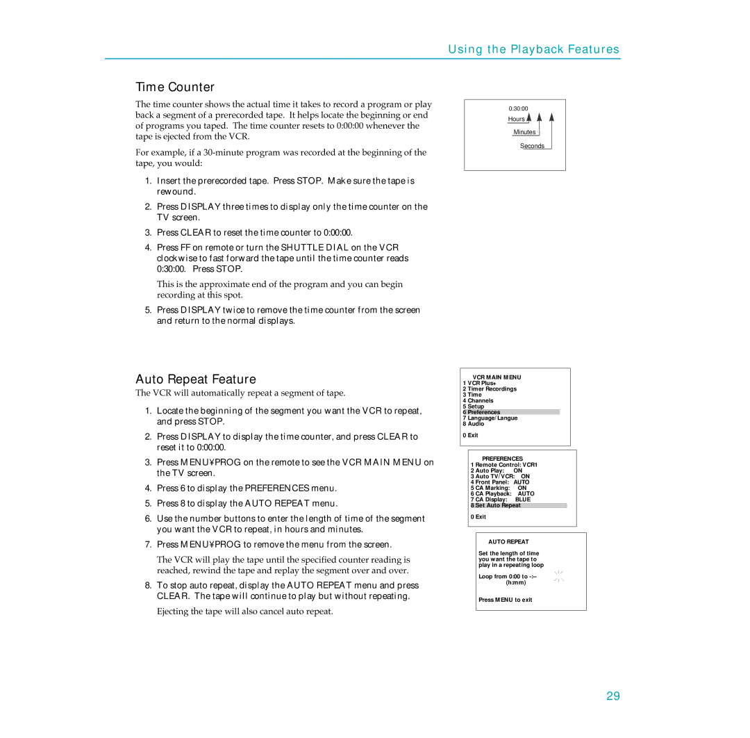 RCA PSVR65 user manual Time Counter, Auto Repeat Feature, VCR will automatically repeat a segment of tape 