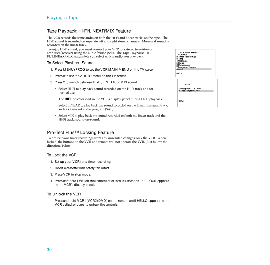 RCA PSVR65 user manual Tape Playback HI-FI/LINEAR/MIX Feature, Pro-Tect Plus Locking Feature, Audio 