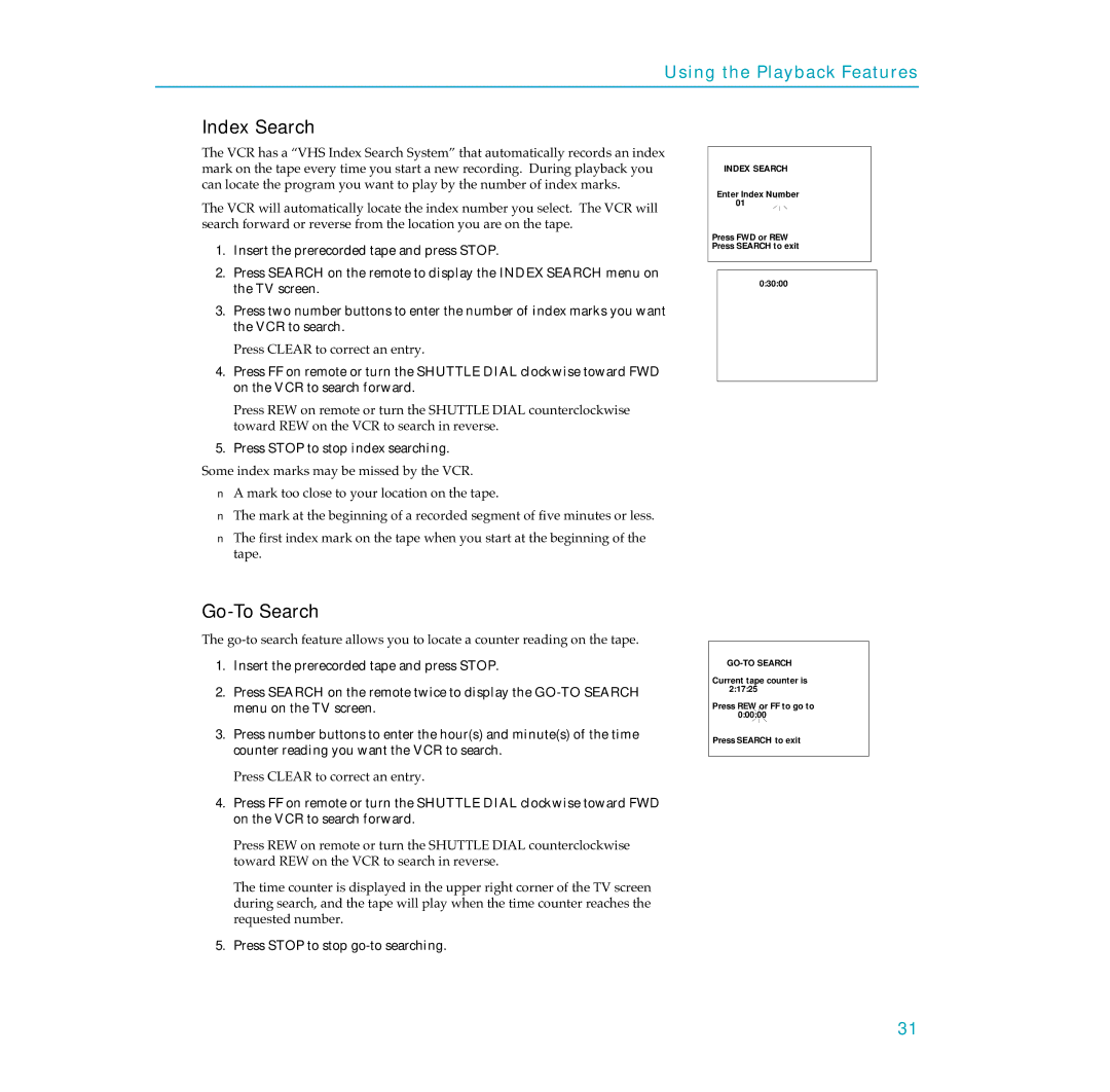 RCA PSVR65 user manual Index Search, Go-To Search, Press Clear to correct an entry, Press Stop to stop index searching 