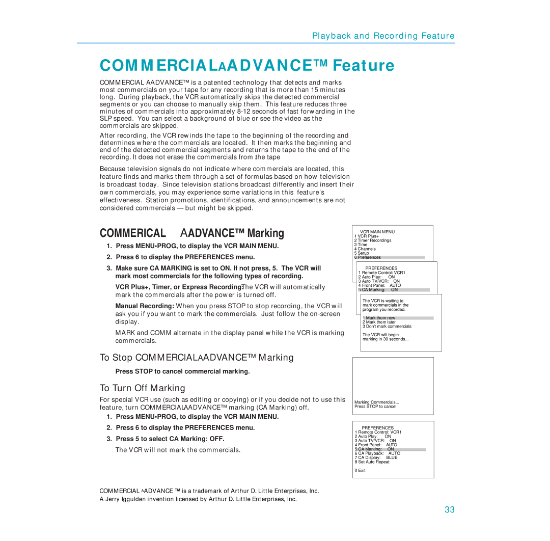 RCA PSVR65 Commercialaadvance Feature, Commericalaadvance Marking, To Stop Commercialaadvance Marking, To Turn Off Marking 