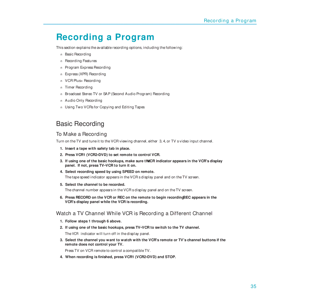 RCA PSVR65 user manual Recording a Program, Basic Recording, To Make a Recording, Select the channel to be recorded 