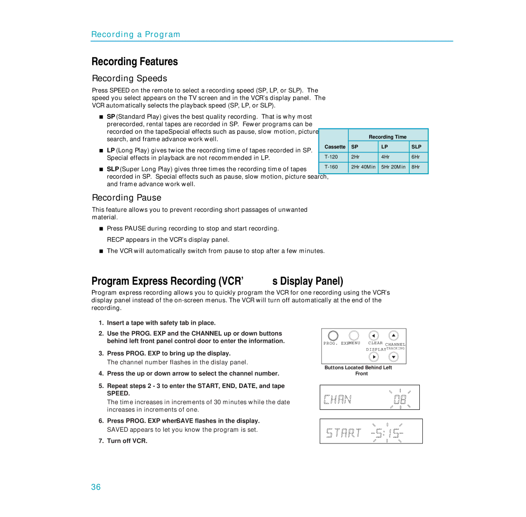 RCA PSVR65 user manual Recording Features, Program Express Recording VCR’s Display Panel, Recording Speeds, Recording Pause 