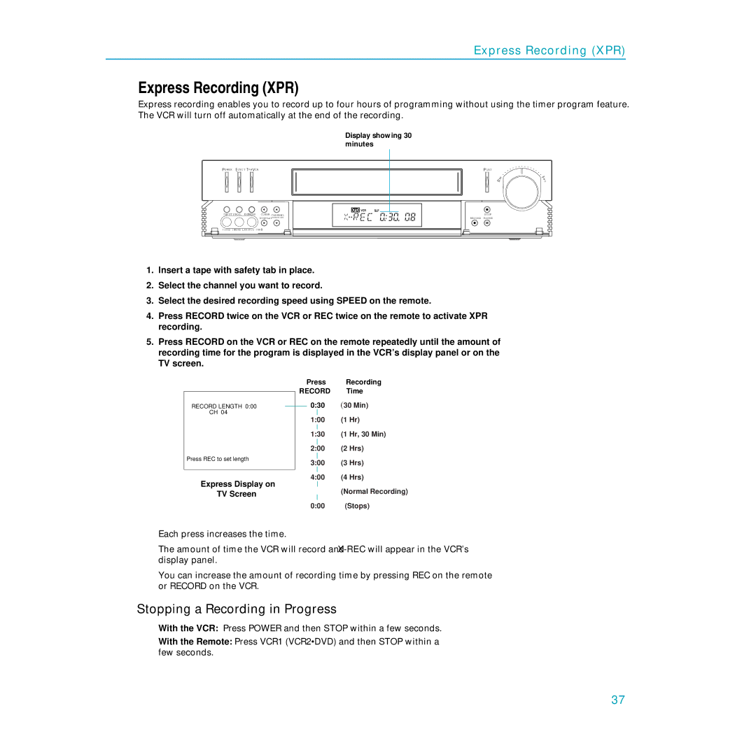 RCA PSVR65 user manual Express Recording XPR, Stopping a Recording in Progress, Record Length 000 CH 