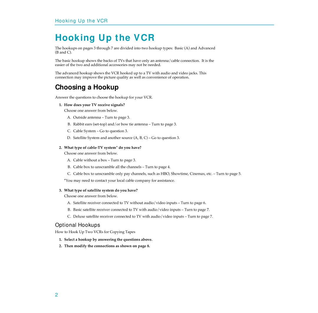 RCA PSVR65 Hooking Up the VCR, Choosing a Hookup, Optional Hookups, Answer the questions to choose the hookup for your VCR 