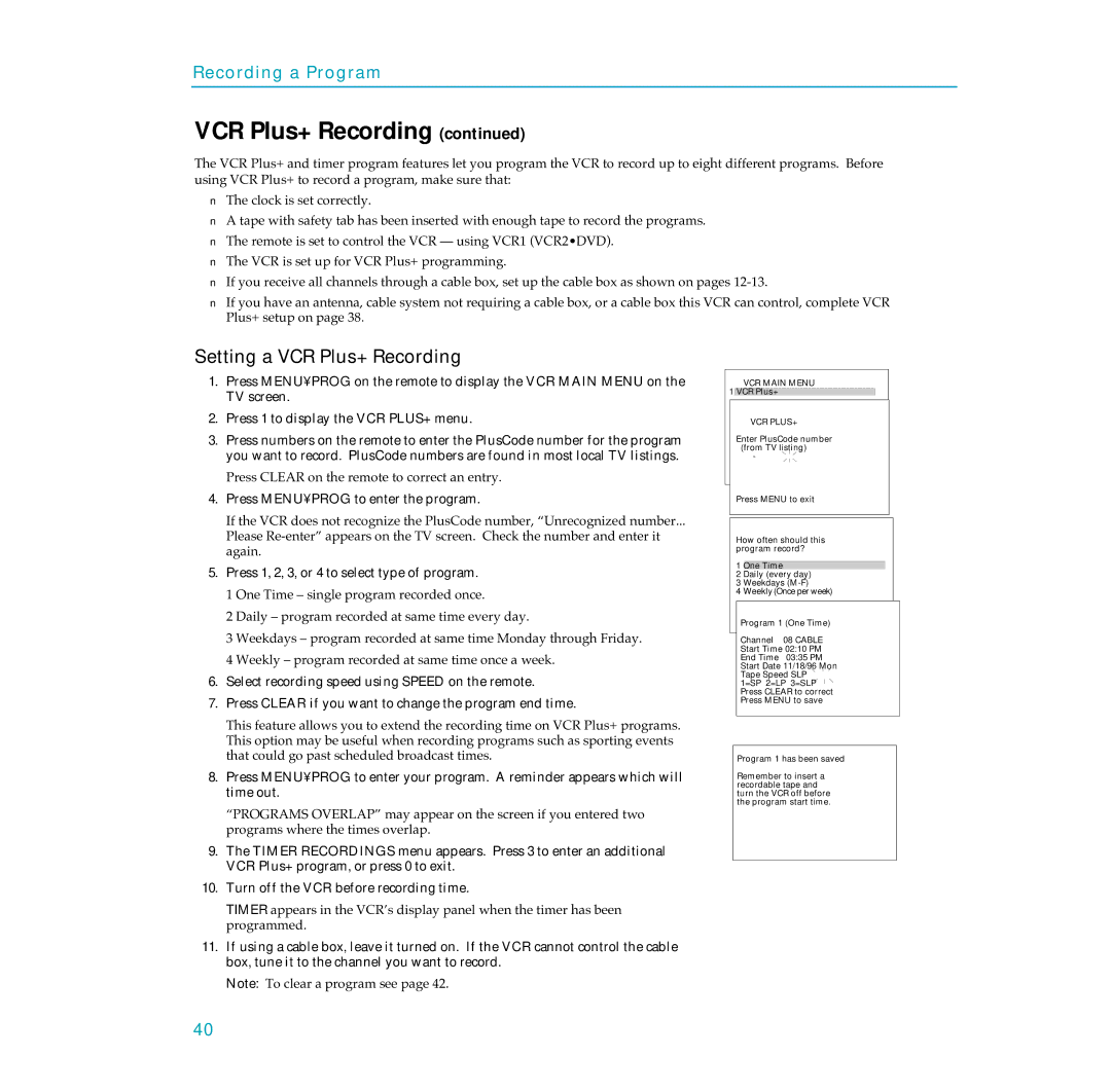 RCA PSVR65 user manual Setting a VCR Plus+ Recording, Press MENU¥PROG to enter the program, Vcr Plus+ 