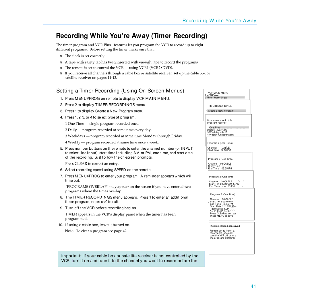 RCA PSVR65 Recording While You’re Away Timer Recording, Setting a Timer Recording Using On-Screen Menus, Timer Recordings 