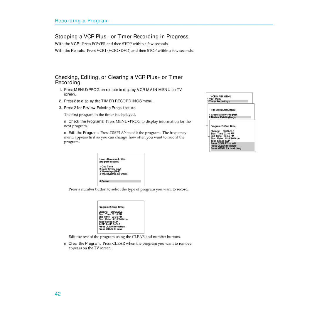 RCA PSVR65 user manual Stopping a VCR Plus+ or Timer Recording in Progress 