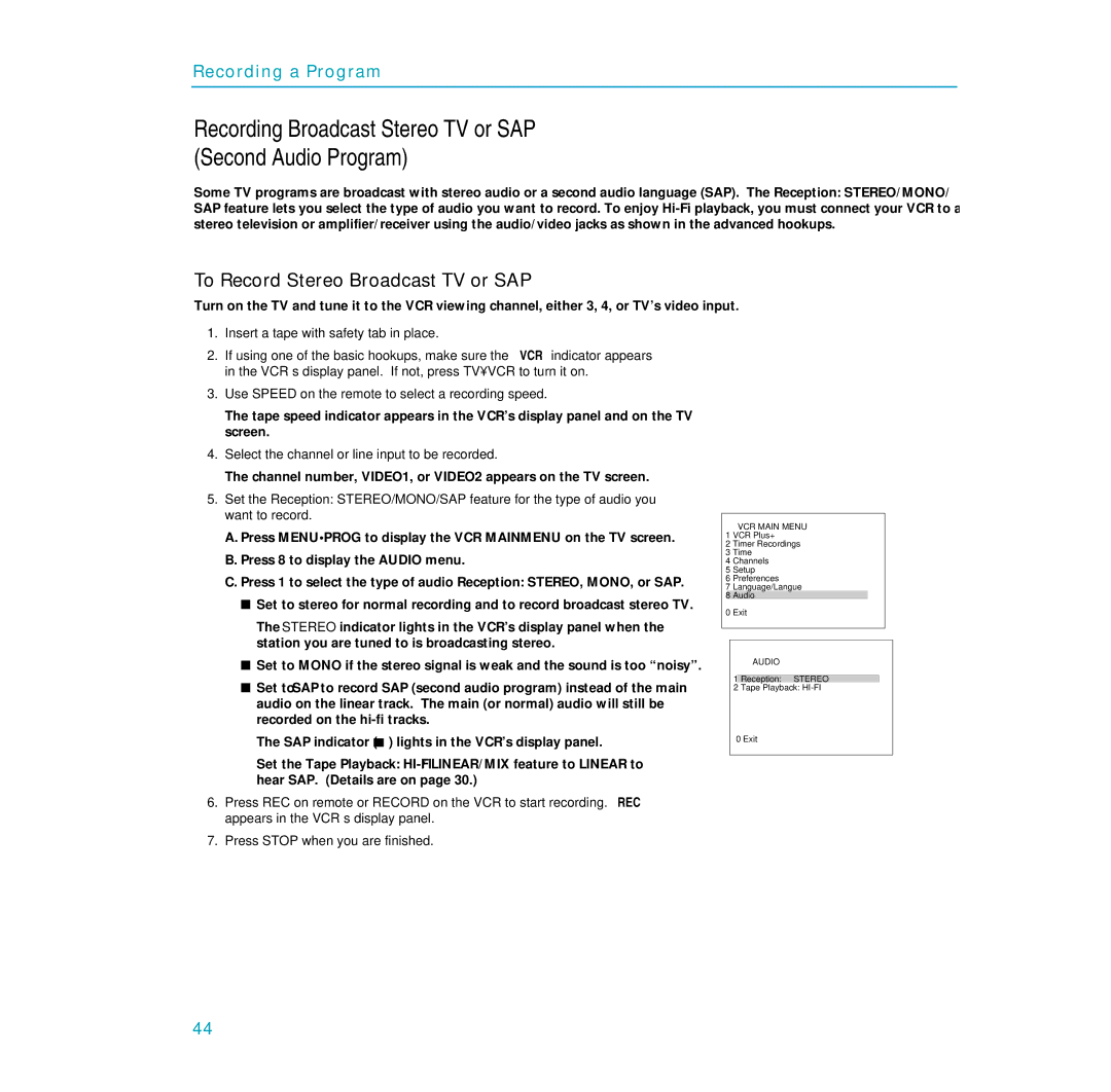 RCA PSVR65 user manual Recording Broadcast Stereo TV or SAP Second Audio Program, To Record Stereo Broadcast TV or SAP 