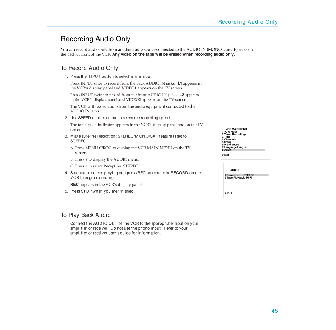 RCA PSVR65 user manual Recording Audio Only, To Record Audio Only, To Play Back Audio 