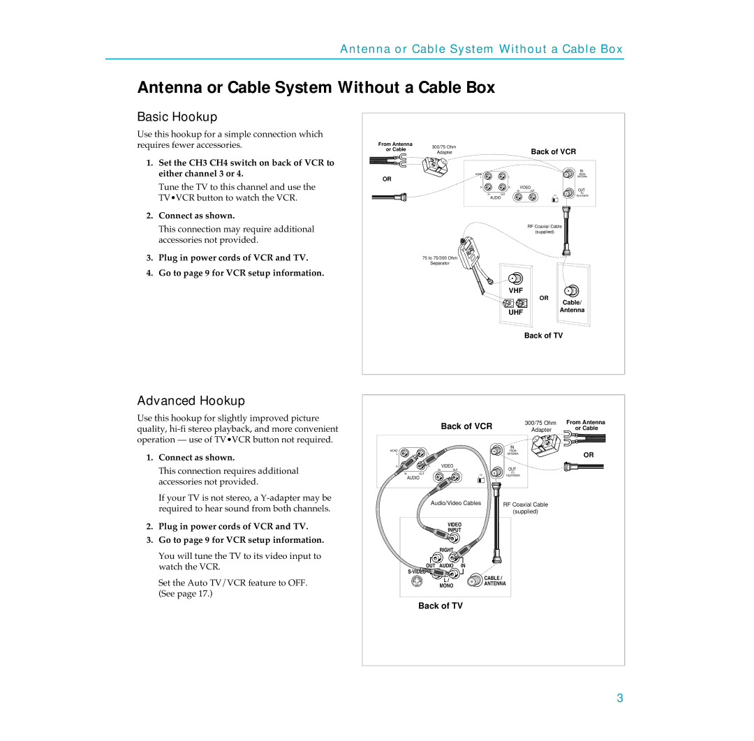 RCA PSVR65 user manual Antenna or Cable System Without a Cable Box, Basic Hookup, Advanced Hookup, Connect as shown 