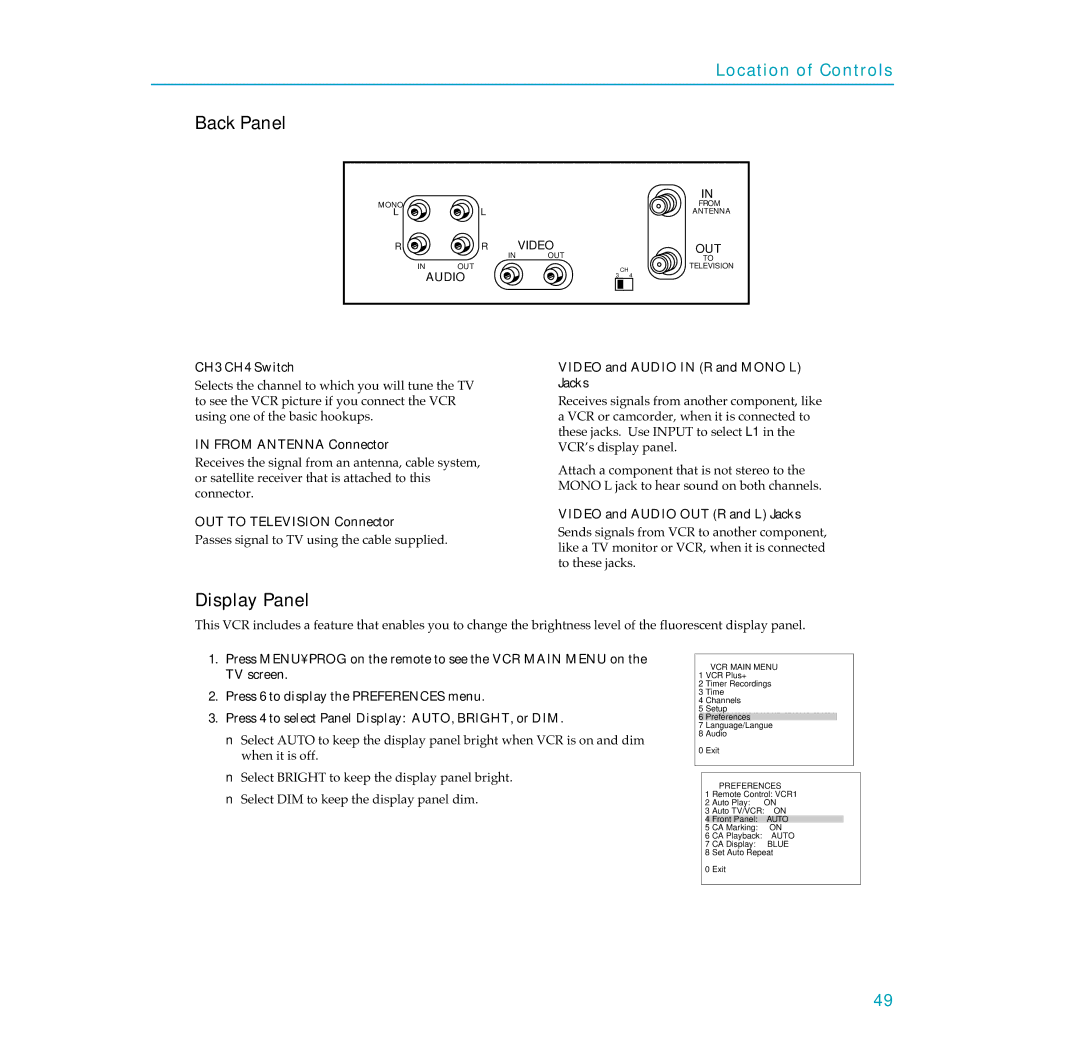 RCA PSVR65 user manual Back Panel, Display Panel 