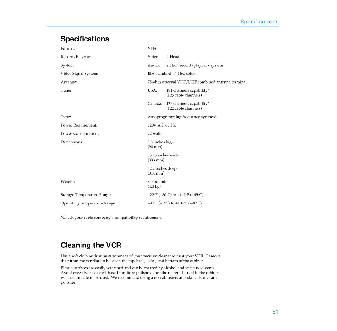 RCA PSVR65 user manual Specifications, Cleaning the VCR, Format, Channels capability, Cable channels 