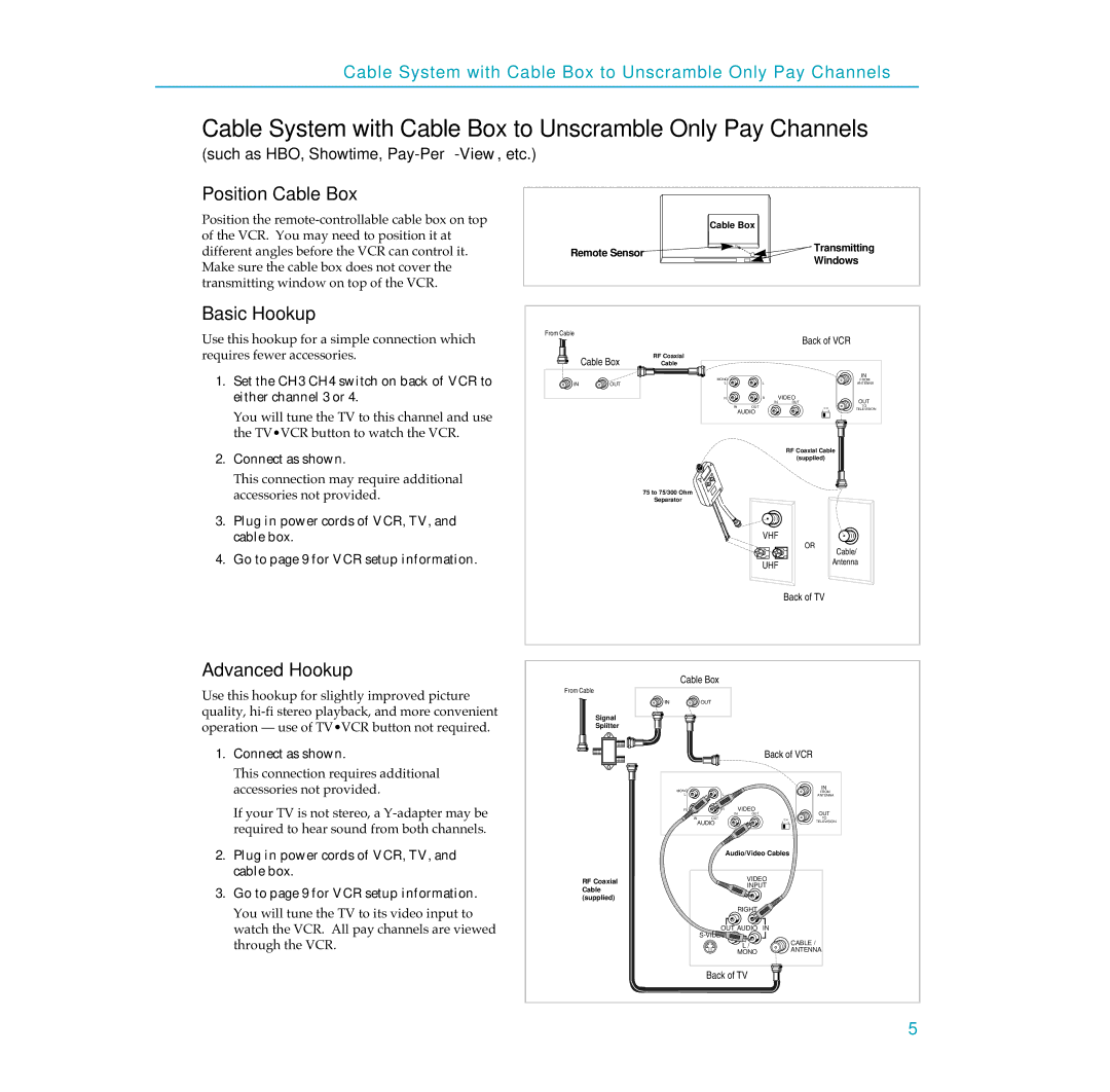 RCA PSVR65 user manual Cable System with Cable Box to Unscramble Only Pay Channels 