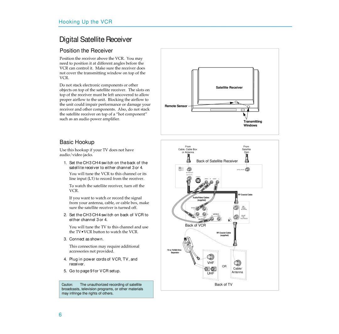 RCA PSVR65 user manual Digital Satellite Receiver, Position the Receiver 