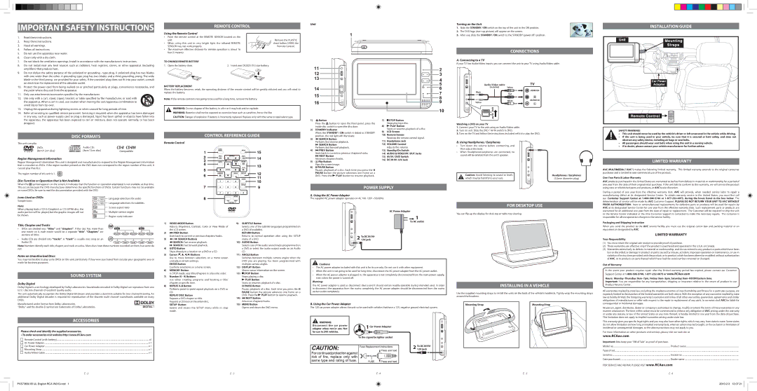 RCA DRC97383 important safety instructions Connections, Installation Guide, Sound System, Accessories, For Desktop USE 