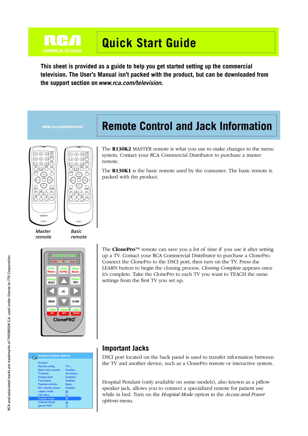 RCA R130K2, R130K1, J20L743H manual On OFF Teach, Access & Power Options, Hospital mode 