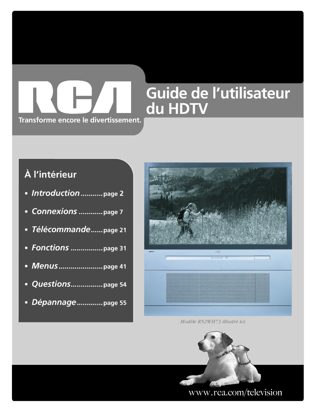 RCA R52WH73 manual Guide de l’utilisateur du Hdtv 