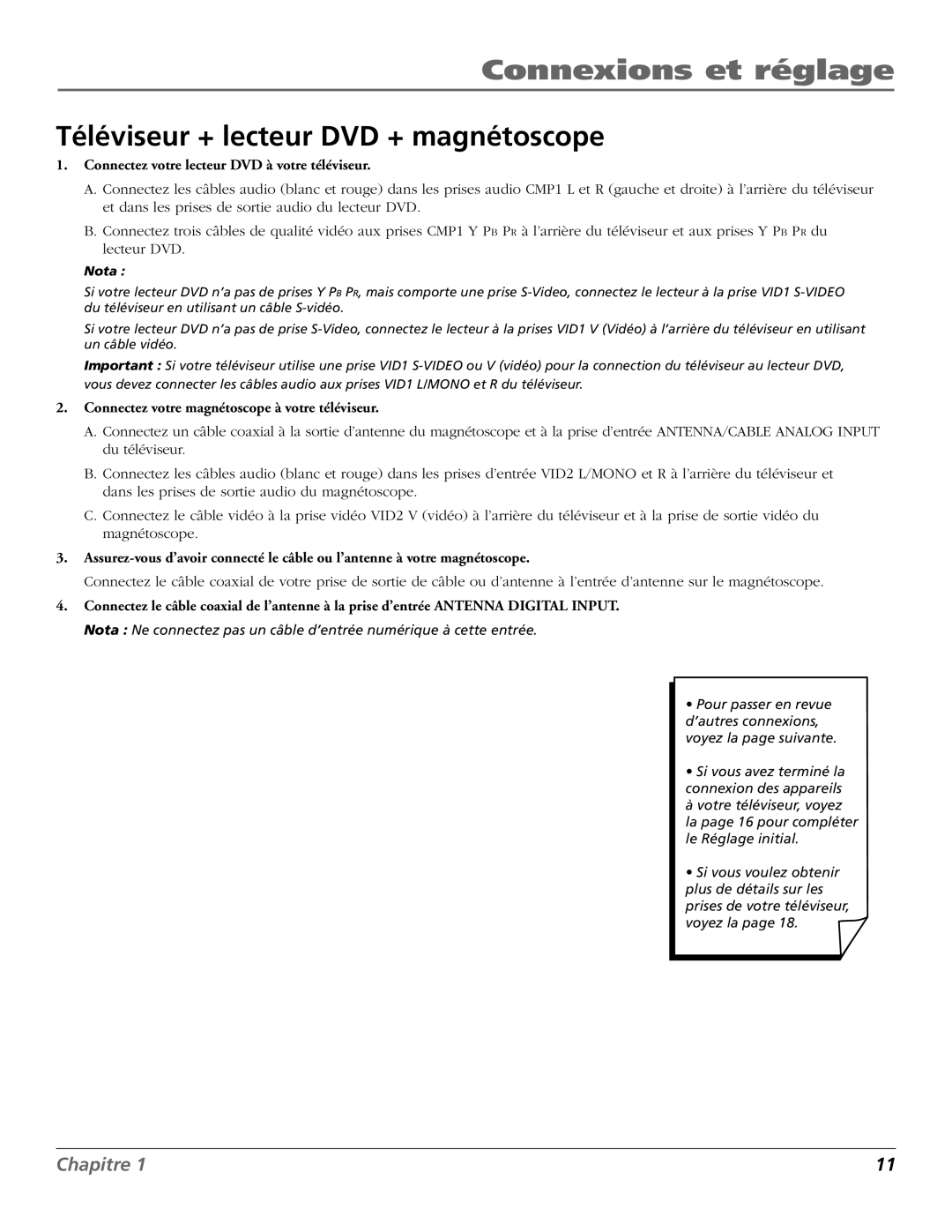 RCA R52WH73 manual Téléviseur + lecteur DVD + magnétoscope, Connectez votre lecteur DVD à votre téléviseur 