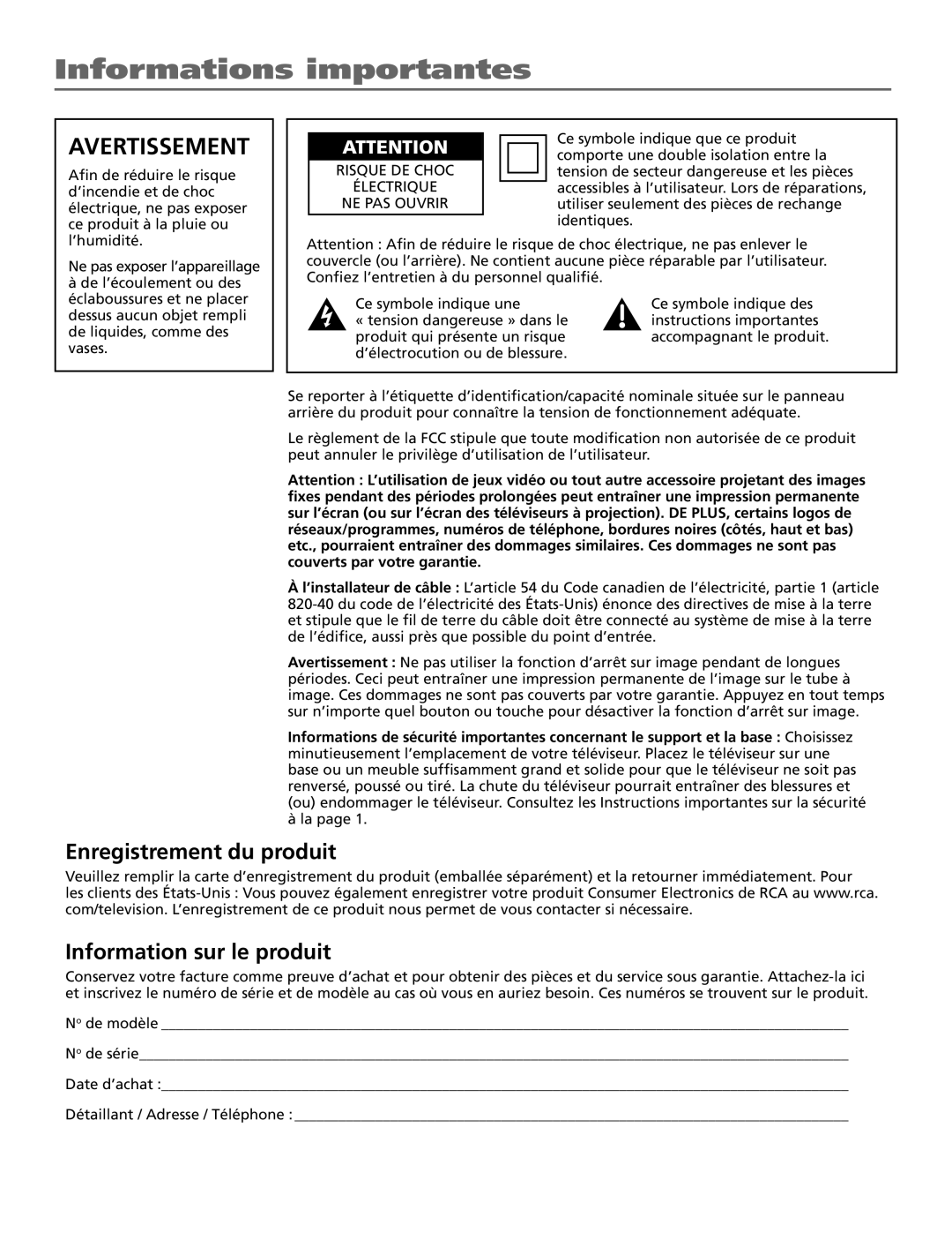 RCA R52WH73 manual Informations importantes, Enregistrement du produit, Information sur le produit 