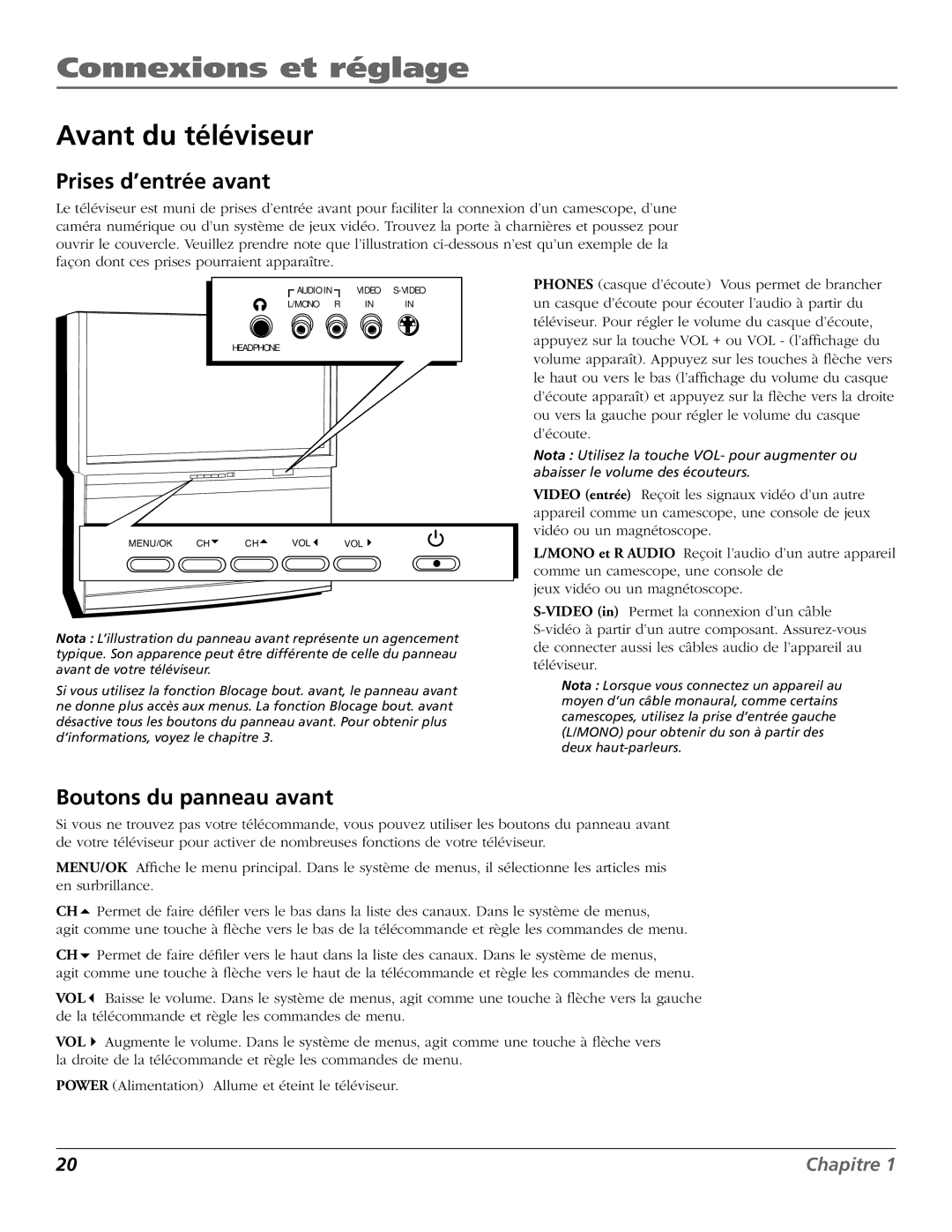 RCA R52WH73 manual Avant du téléviseur, Prises d’entrée avant, Boutons du panneau avant 