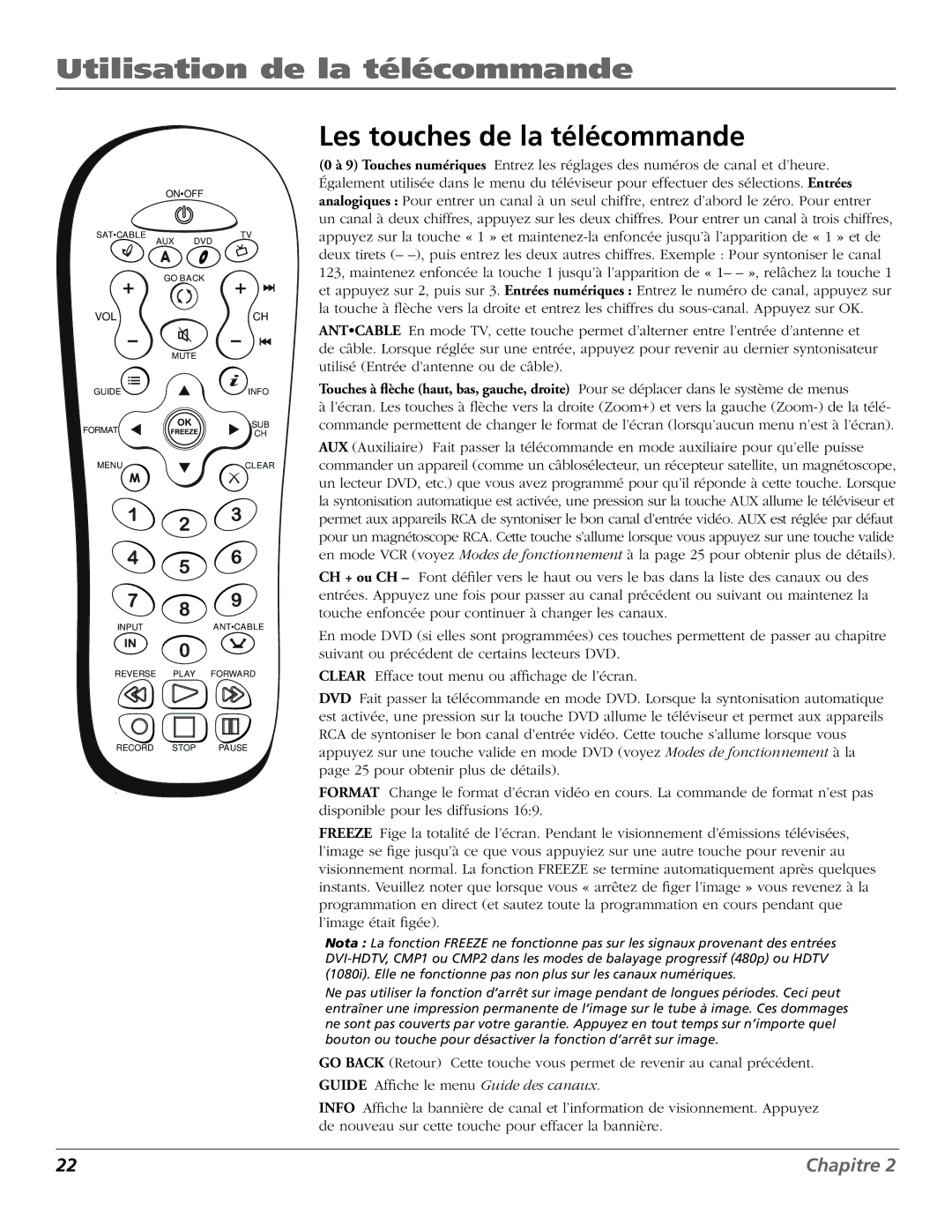 RCA R52WH73 manual Utilisation de la télécommande, Les touches de la télécommande 