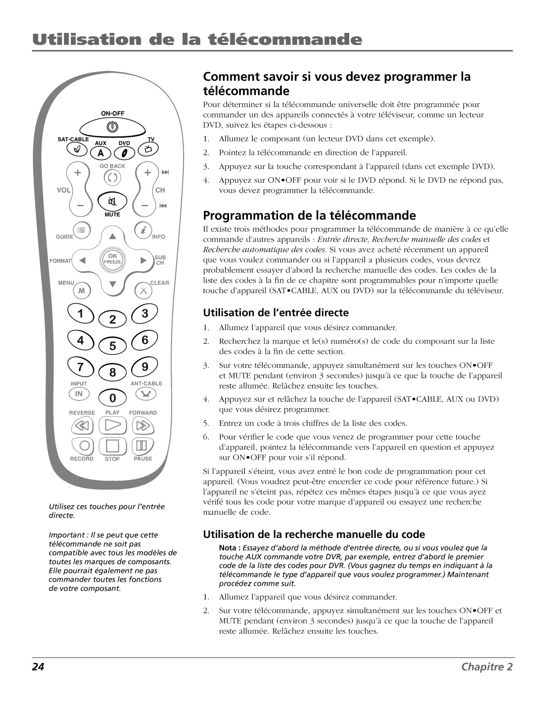 RCA R52WH73 manual Comment savoir si vous devez programmer la télécommande, Programmation de la télécommande 