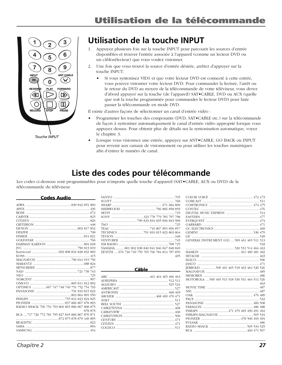 RCA R52WH73 manual Utilisation de la touche Input, Liste des codes pour télécommande, Codes Audio, Câble 